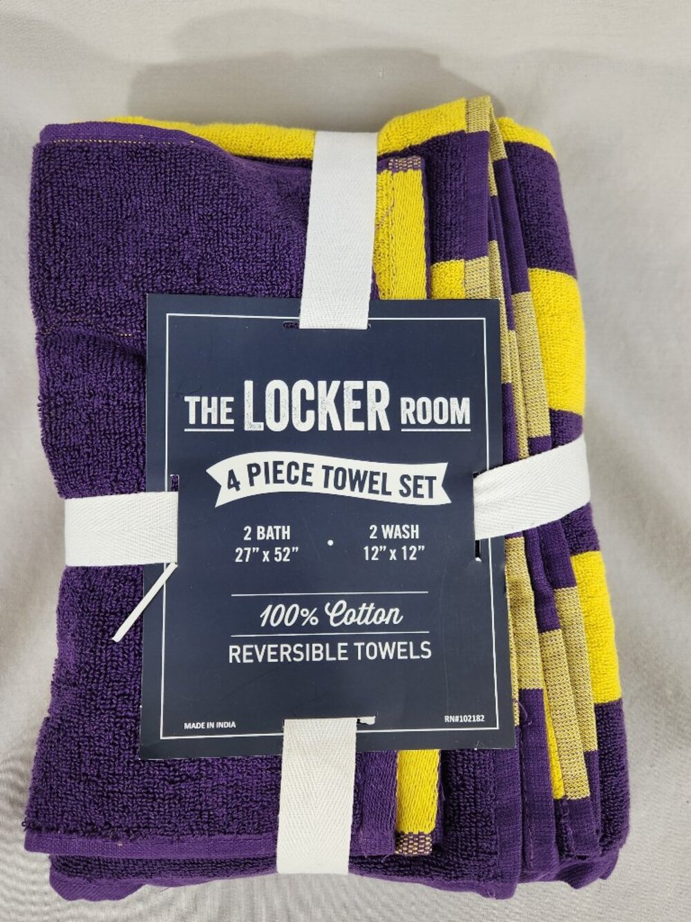 NWT The Locker Room 4 Piece Towel Set Reversable Striped Purple Yellow Cotton